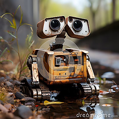 a wall e robot is on the ground by some water Cartoon Illustration