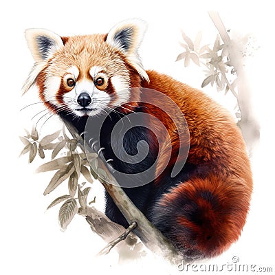 AI-generated illustration of a watercolor painting of a cute red panda perched on a tree branch. Cartoon Illustration