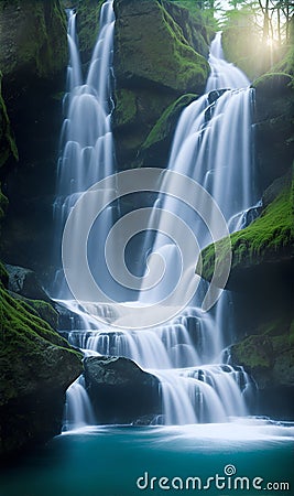 AI generated illustration of a waterfall in the Floating City of Aether Cartoon Illustration