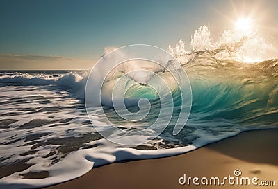 AI generated illustration of a wave during a magnificent sunset on a sandy beach Cartoon Illustration