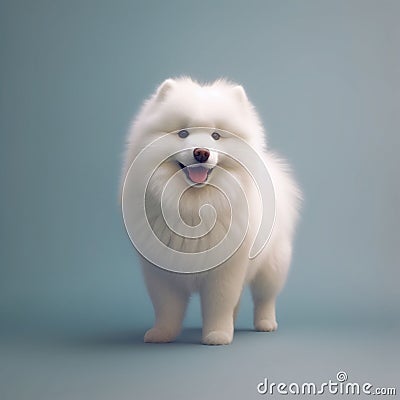 AI generated illustration of a white fluffy American Eskimo Dog smiling Cartoon Illustration