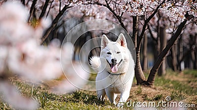 AI generated illustration of a white and fluffy canine on a lush green lawn with tall trees Cartoon Illustration