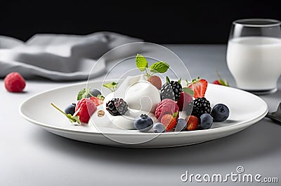 AI generated illustration of a white plate with a variety of berries served with yogurts Cartoon Illustration