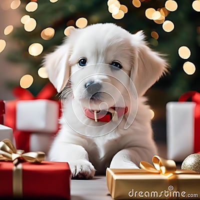 AI generated illustration of A white pup sitting atop a pile of wrapped gifts Cartoon Illustration