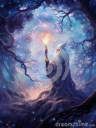 AI-generated illustration of a white wizard holding a torch in a snowy forest Cartoon Illustration