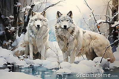 AI generated illustration of white wolves standing side by side in a natural landscape Cartoon Illustration