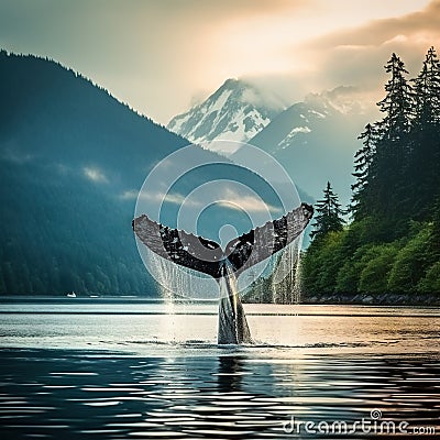 Ai Generated illustration Wildlife Concept of Alaskan Humpback Whale Tail near au Cartoon Illustration