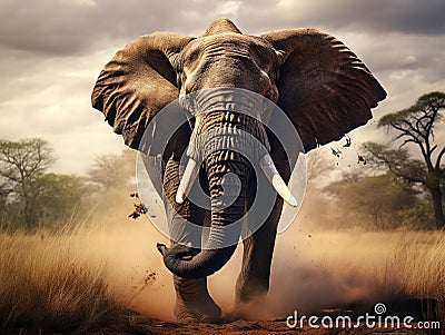 Ai Generated illustration Wildlife Concept of Angry Bull Elephant - Africa Cartoon Illustration