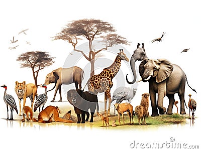 Ai Generated illustration Wildlife Concept of Birds mammal and other animals of Africa isolated Cartoon Illustration
