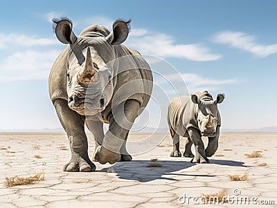 Ai Generated illustration Wildlife Concept of Black Rhinoceros and cow Cartoon Illustration