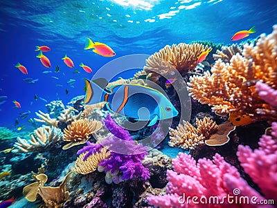 Ai Generated illustration Wildlife Concept of Blue Anthias in Coral Fiji Cartoon Illustration