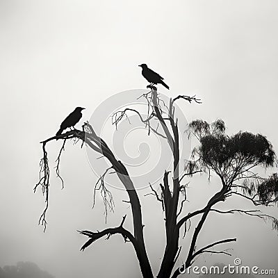 Ai Generated illustration Wildlife Concept of Crows perch on tree top branch Cartoon Illustration
