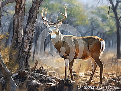 Ai Generated illustration Wildlife Concept of Drop tine whitetail buck in full rut Cartoon Illustration