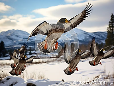 Ai Generated illustration Wildlife Concept of Ducks in Flight Cartoon Illustration