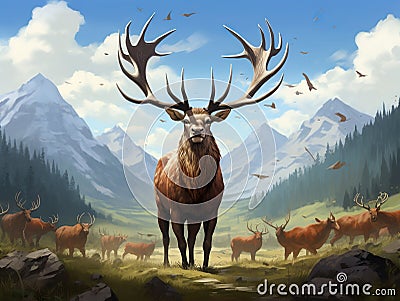 Ai Generated illustration Wildlife Concept of Elk wapiti bull antlers Cartoon Illustration