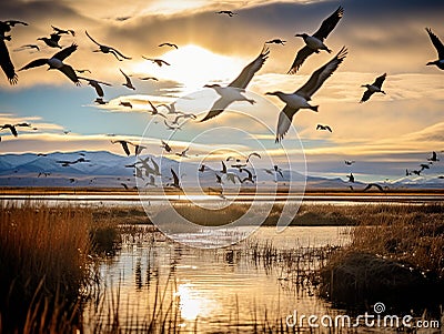 Ai Generated illustration Wildlife Concept of Flock of Migratory Birds over a Marsh Cartoon Illustration