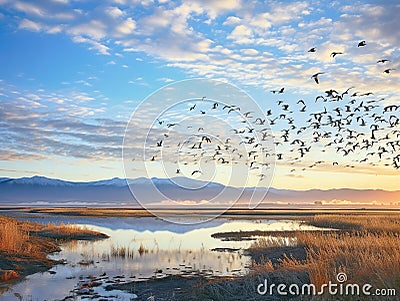 Ai Generated illustration Wildlife Concept of Flock of Migratory Birds over a Marsh Cartoon Illustration