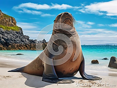 Ai Generated illustration Wildlife Concept of Galapagos sea lion pose wide Cartoon Illustration