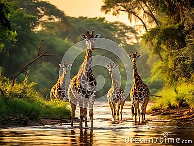 Ai Generated illustration Wildlife Concept of Giraffes Murchison Falls National Park (Uganda) Cartoon Illustration