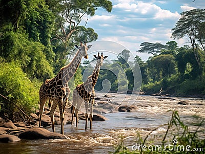 Ai Generated illustration Wildlife Concept of Giraffes Murchison Falls National Park (Uganda) Cartoon Illustration