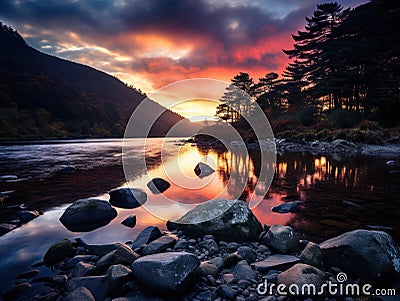 Ai Generated illustration Wildlife Concept of Glendalough lake county Wicklow Ireland Cartoon Illustration