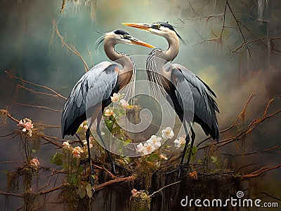 Ai Generated illustration Wildlife Concept of Great Blue Herons exchanging twig Cartoon Illustration