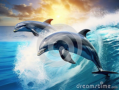 Ai Generated illustration Wildlife Concept of Happy playful dolphins jumping on breaking wave Cartoon Illustration