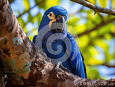 Ai Generated illustration Wildlife Concept of Hyacinth macaw playing in tree pantanal brazil Cartoon Illustration