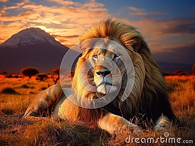 Ai Generated illustration Wildlife Concept of Lion lying in grass. Sunset over Mount Kilimanjaro Cartoon Illustration