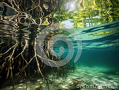 Ai Generated illustration Wildlife Concept of Mangrove trees roots above and below the water Cartoon Illustration