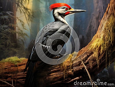 Ai Generated illustration Wildlife Concept of Pileated Woodpecker Cartoon Illustration