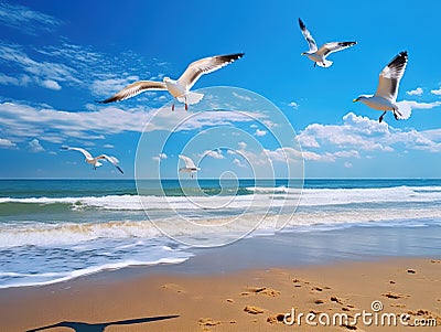 Ai Generated illustration Wildlife Concept of Seagulls Flying at Beach Cartoon Illustration