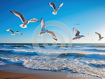 Ai Generated illustration Wildlife Concept of Seagulls Flying at Beach Cartoon Illustration