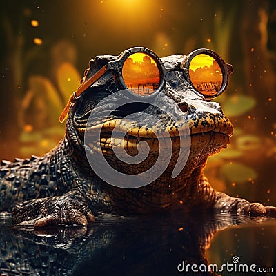 Ai Generated illustration Wildlife Concept of Spectacled caiman Pantanal Cartoon Illustration