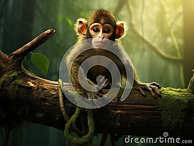 Ai Generated illustration Wildlife Concept of Spider monkey balanced on trunk Cartoon Illustration