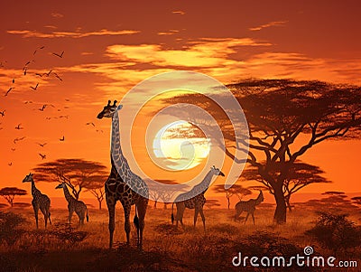 Ai Generated illustration Wildlife Concept of Sunset in african savanna with a giraffe herd Cartoon Illustration