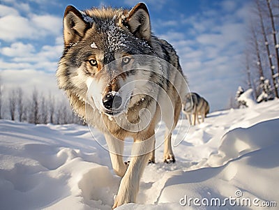 Ai Generated illustration Wildlife Concept of Super close picture of timber wolf in snow Cartoon Illustration