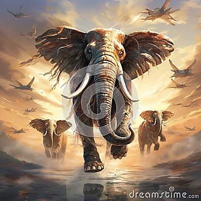 Ai Generated illustration Wildlife Concept of Surreal Flying Elephants Amazing Wildlife Cartoon Illustration