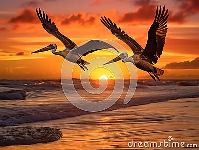 Ai Generated illustration Wildlife Concept of Three Brown Pelicans Fly Near the Beach at Sunset Cartoon Illustration