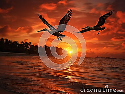 Ai Generated illustration Wildlife Concept of Three Brown Pelicans Fly Near the Beach at Sunset Cartoon Illustration