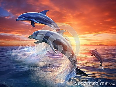 Ai Generated illustration Wildlife Concept of Three Dolphins Cartoon Illustration