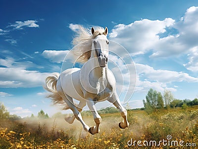 Ai Generated illustration Wildlife Concept of White horse runs gallop Cartoon Illustration