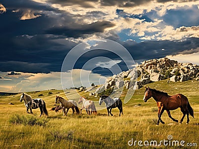 Ai Generated illustration Wildlife Concept of Wild Horse Herd Horses Storm Cloud Cartoon Illustration