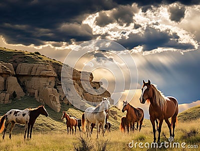 Ai Generated illustration Wildlife Concept of Wild Horse Herd Horses Storm Cloud Cartoon Illustration