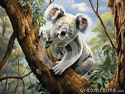 Ai Generated illustration Wildlife Concept of A wild Koala climbing a tree Cartoon Illustration