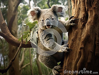 Ai Generated illustration Wildlife Concept of A wild Koala climbing a tree Cartoon Illustration