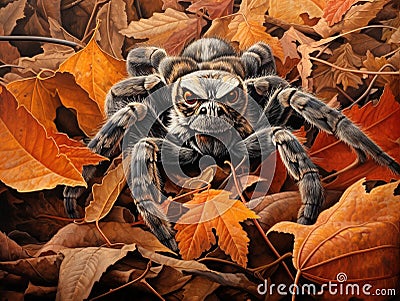 Ai Generated illustration Wildlife Concept of Wolf spider on fall leaves Cartoon Illustration