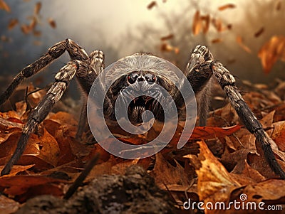 Ai Generated illustration Wildlife Concept of Wolf spider on fall leaves Cartoon Illustration