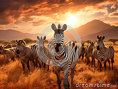 Ai Generated illustration Wildlife Concept of Zebras in the Savanna Cartoon Illustration