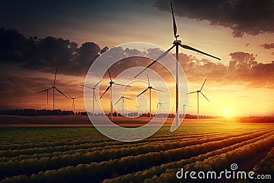 AI generated illustration of windmills in greenery field during sunset Cartoon Illustration